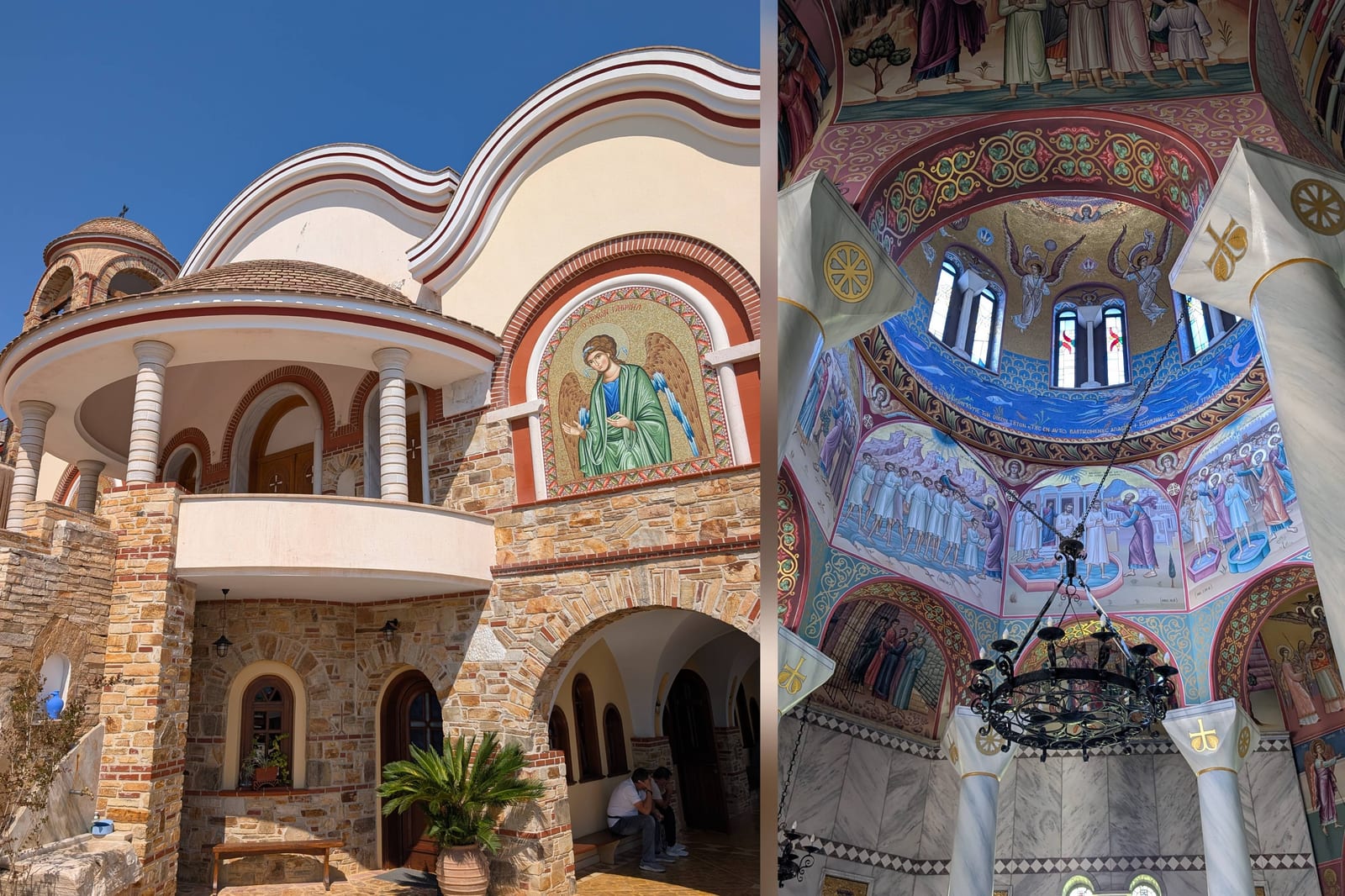 Collage aus der Fassade des Lydia-Baptisteriums und den farbenreichen orthodoxen Wandbildern im Innenraum