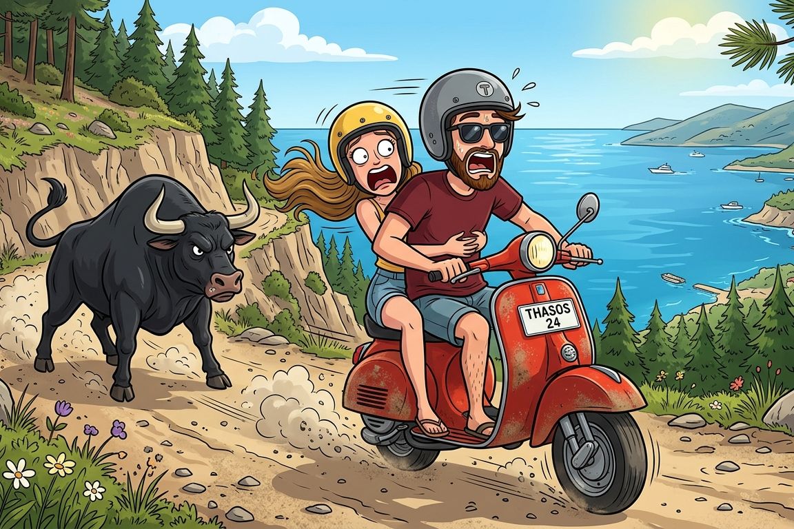 Cartoon-Illustration: Philipp und Tami auf dem Roller stehen plötzlich vor dem Stier auf dem Schotterpass