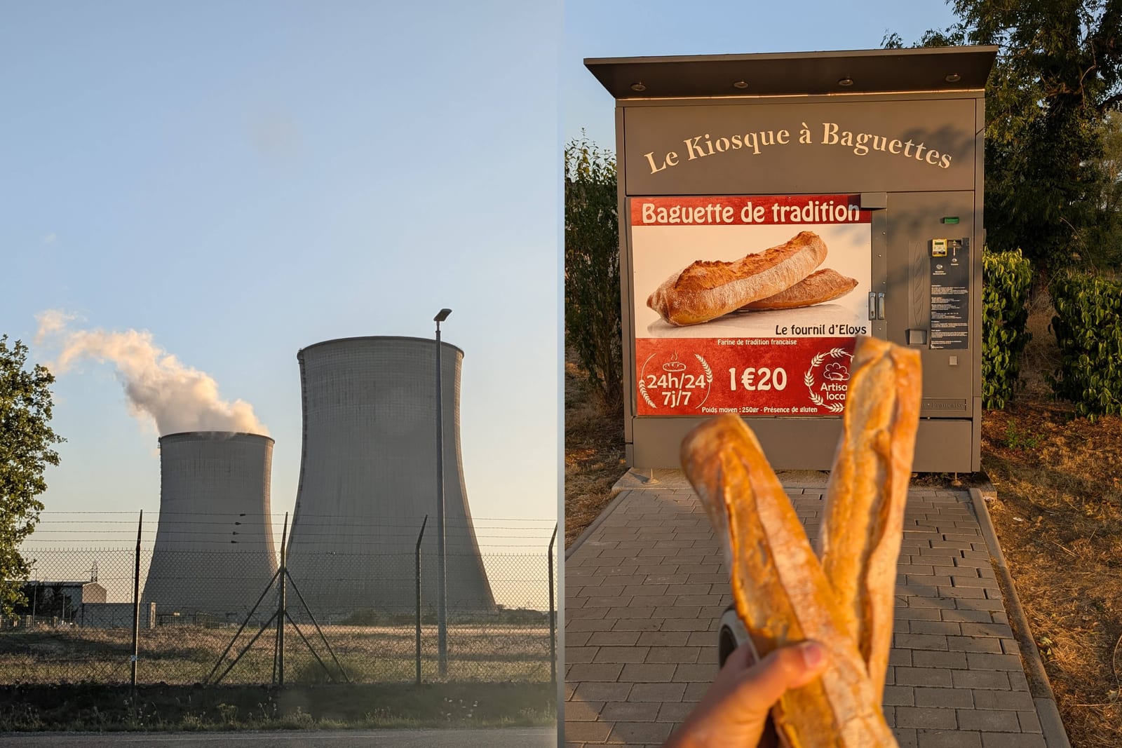 Zweiteilige Collage mit den dampfenden Kühltürmen von Cattenom und zwei Baguettes vor einem französischen Brotautomaten