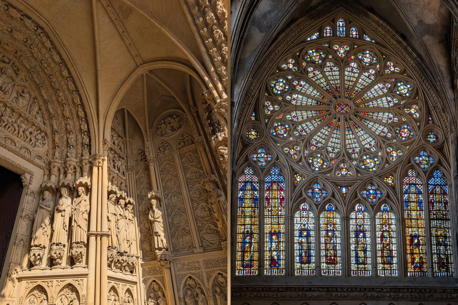 Zweiteilige Collage mit reich verziertem Portal und großem buntem Glasfenster der Kathedrale von Metz