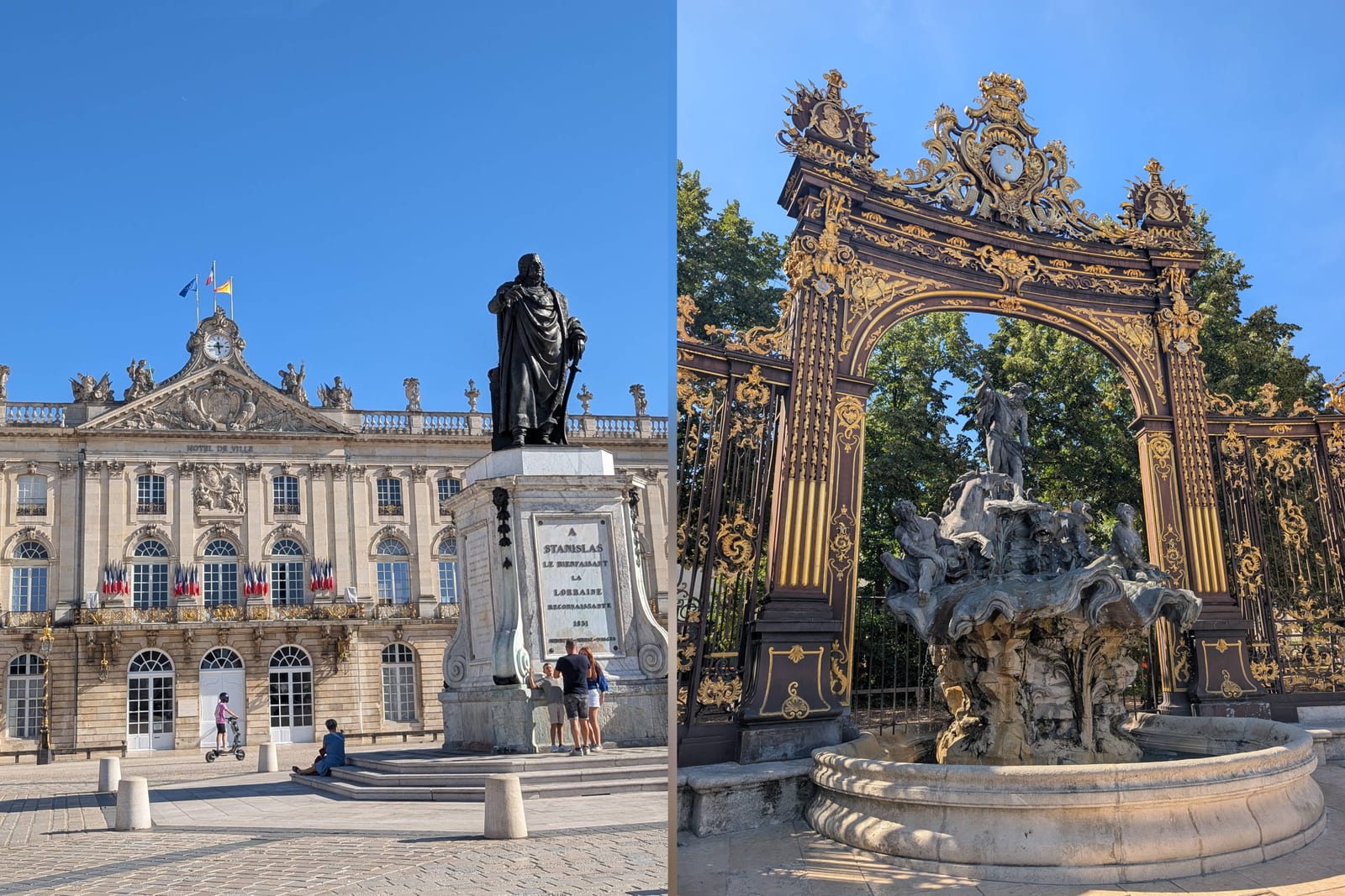Zweiteilige Collage der Place Stanislas mit dem Denkmal vor dem Rathaus und einem reich vergoldeten Tor